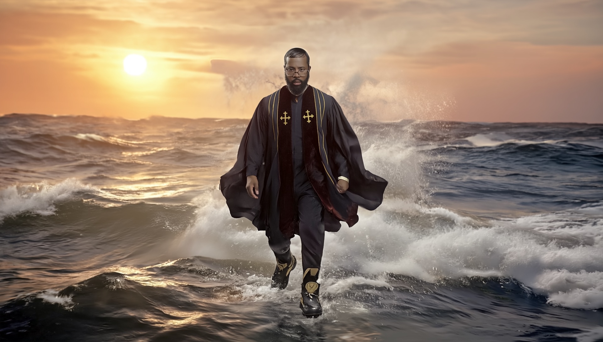 Pastor Leviticus walking on water at sunset