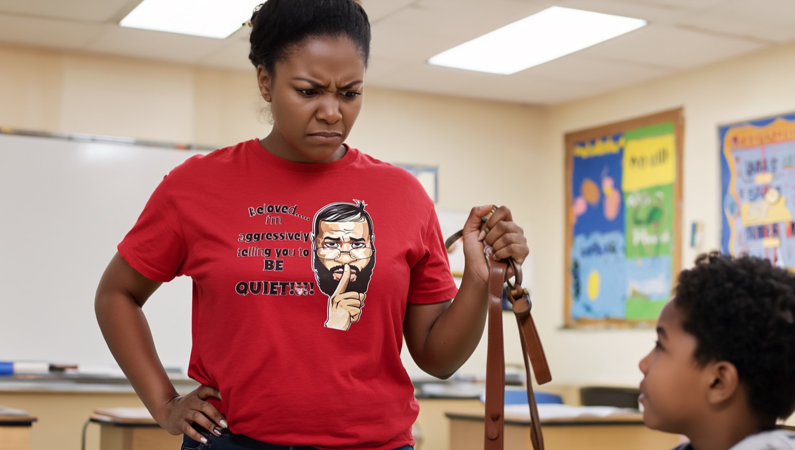 A teacher wearing the Beloved Be Quiet tee